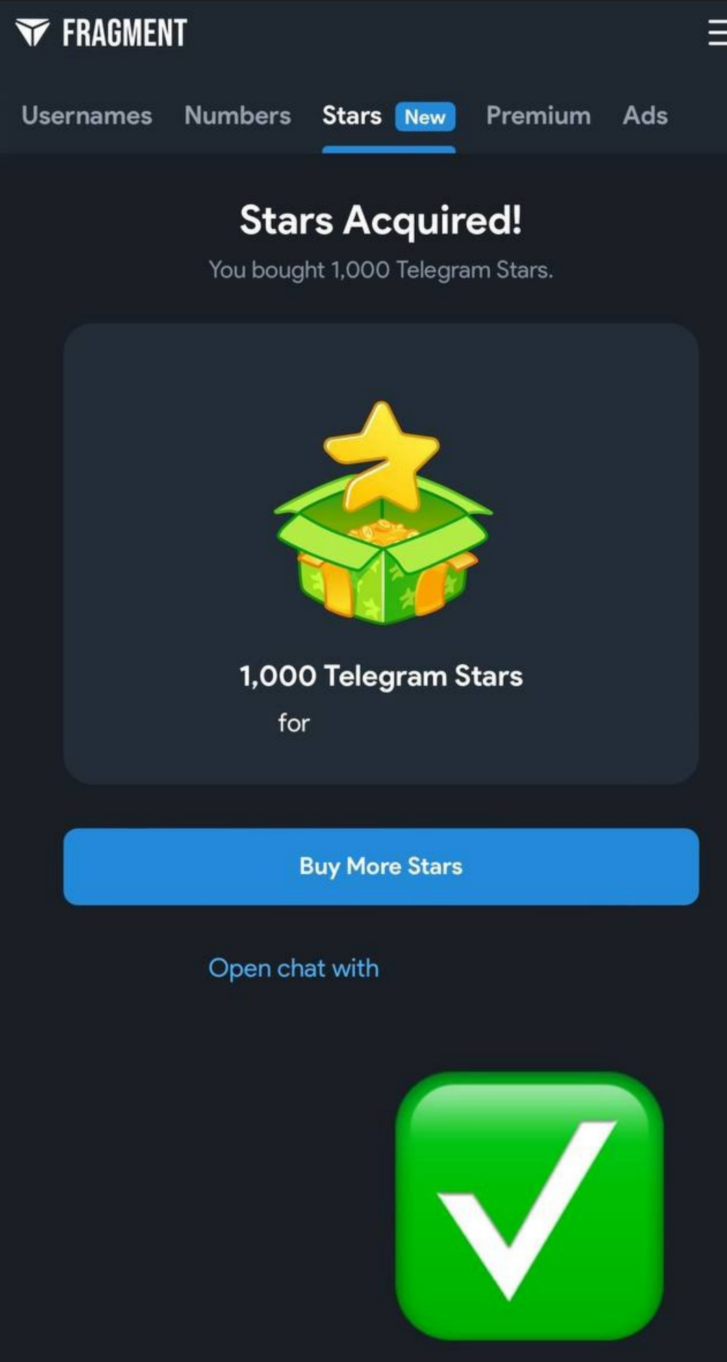 10. That's all, now we have become the owners of the new internal currency of Telegram - Stars.