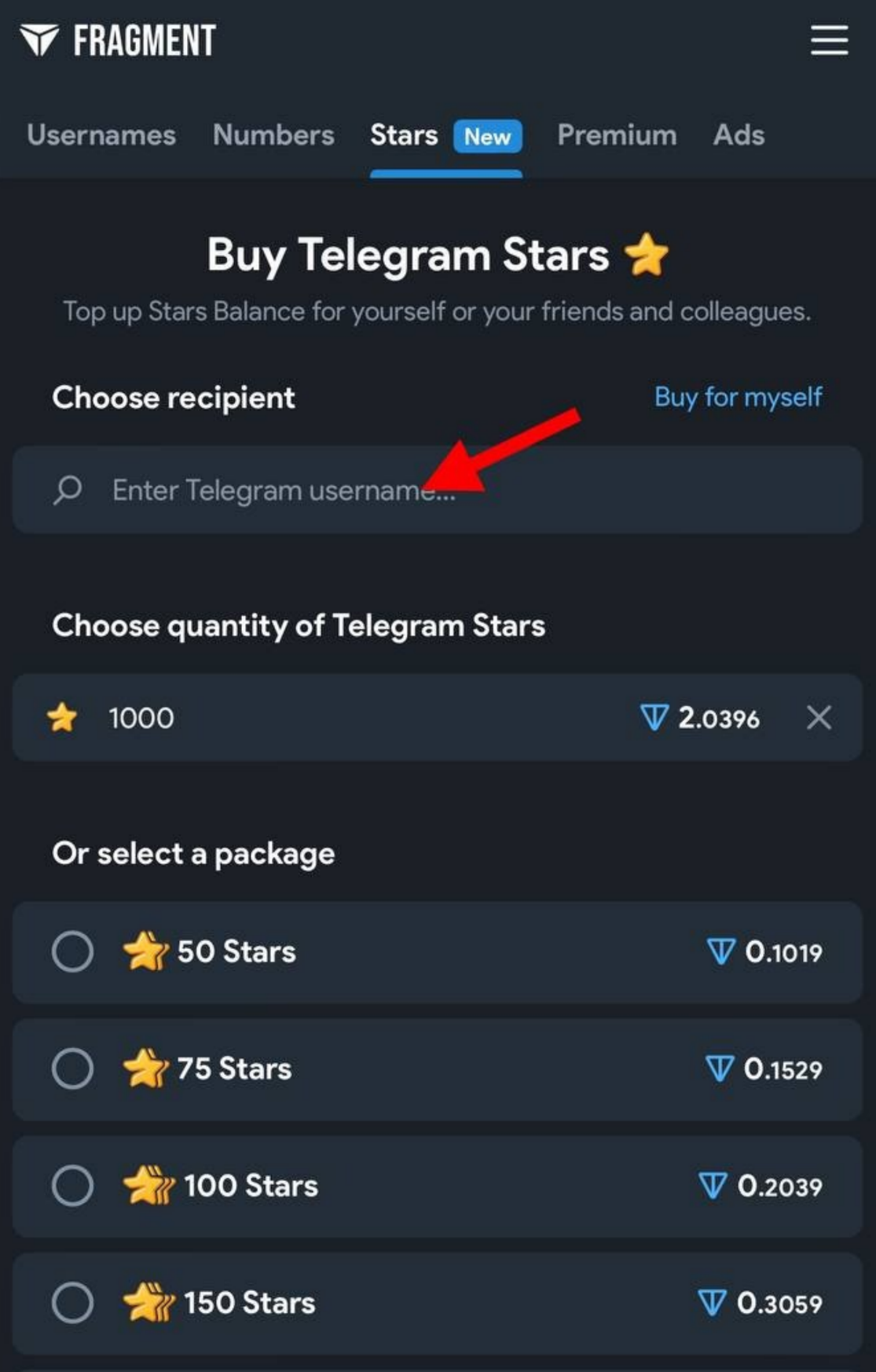 Как купить Telegram Stars 5. Следующим шагом вводим Username того, кому отправляем Stars