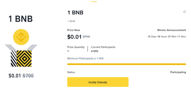 We take part in "1 $ game" and hope to win 1 BNB.