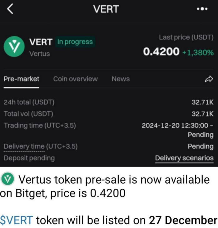 На Bitget открыта предварительная продажа монеты VERT, листинг 27 декабря.