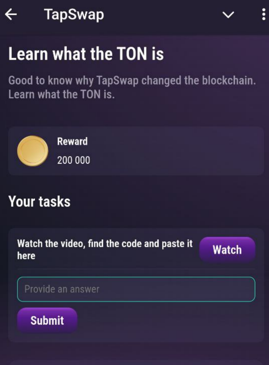 Вводимо код на завдання з відео від TapSwap